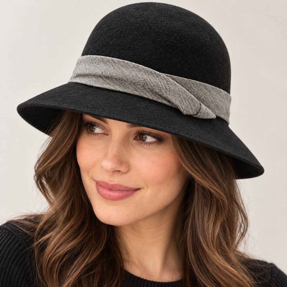 Lancaster Black Wool Felt Cloche Hat Women's Wide Brim Parisian Chic 20s Gatsby